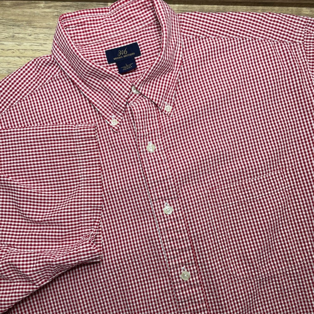 Brooks Brothers‎ 346 Gingham Button Down Seersucker Shirt Men's Large Red White